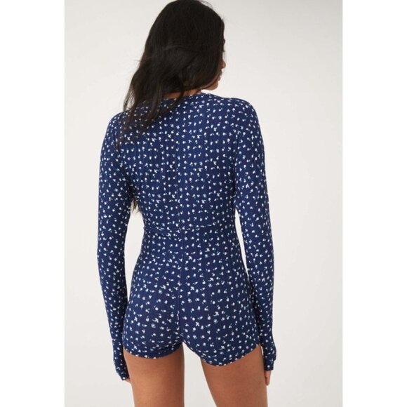 Free People Navy Floral L/S Thumbhole Romper PJ | Soft Girl Boho Coquette Lounge - Picture 13 of 16